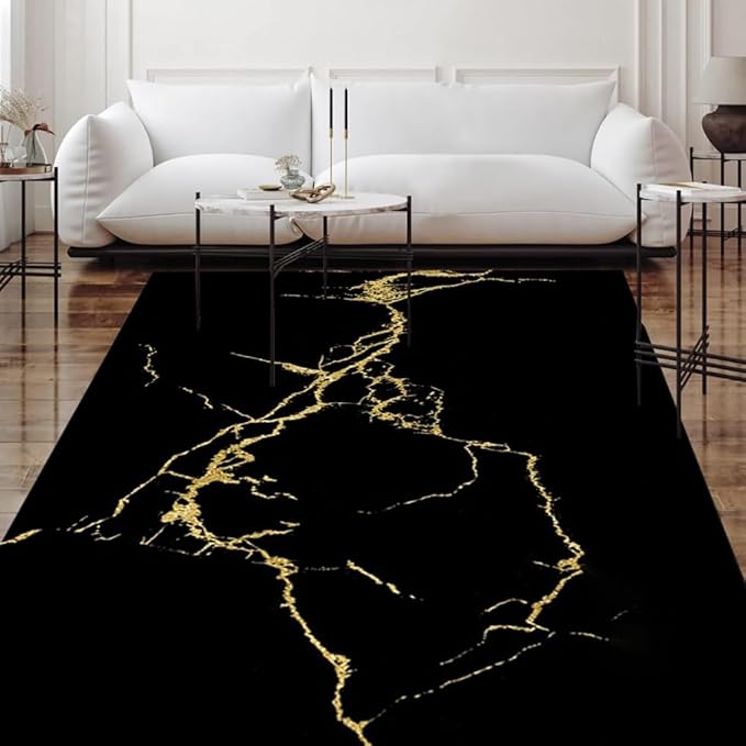 Minimalist Modern Abstract Marble Decor Black and Gold Area Rug 8x10 Machine Washable Cool High Traffic Rug for Living Room Bedroom Diningroom Unique Aesthetic Farmhouse Home Office Carpet Mat