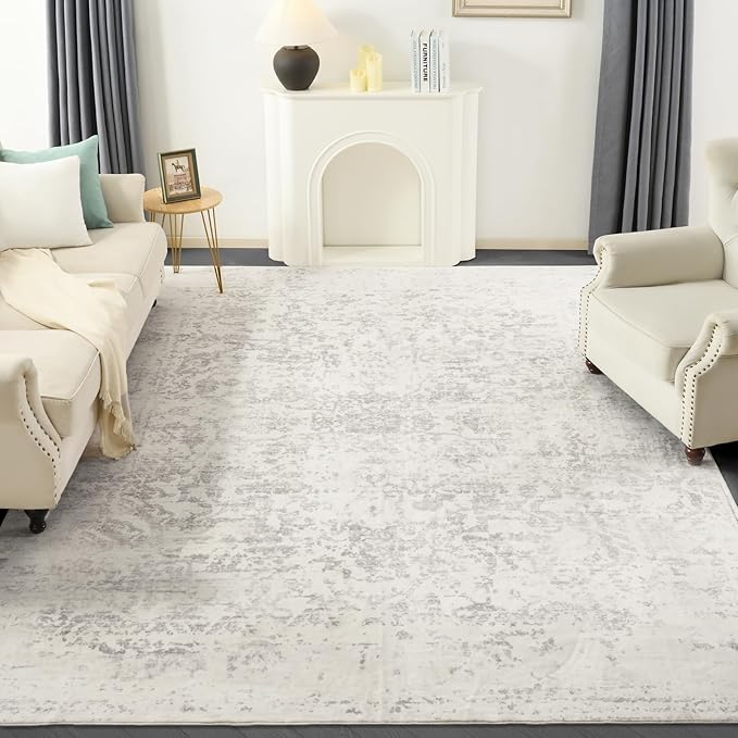 Washable Rug 8x10 for Living Room - Stain Resistant Urtla Thin Area Rugs with Non Slip Rubber Backing - Indoor Floor Carpet for Dining Room Home Office Dorm Neutral Grey/White