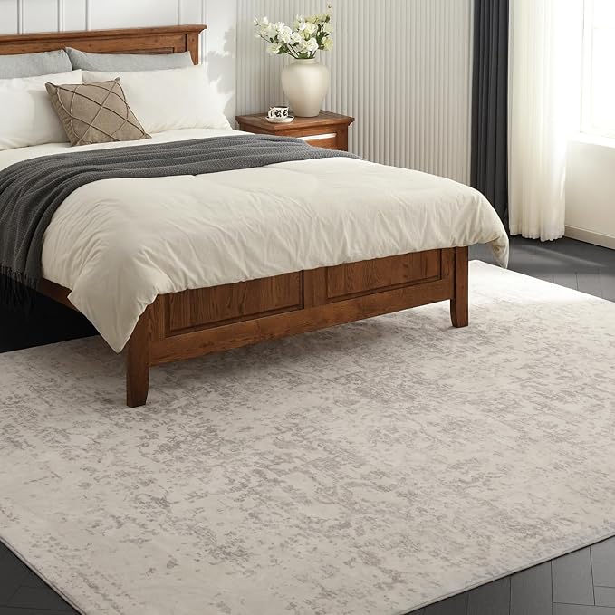 Washable Rug 8x10 for Living Room - Stain Resistant Urtla Thin Area Rugs with Non Slip Rubber Backing - Indoor Floor Carpet for Dining Room Home Office Dorm Neutral Grey/White