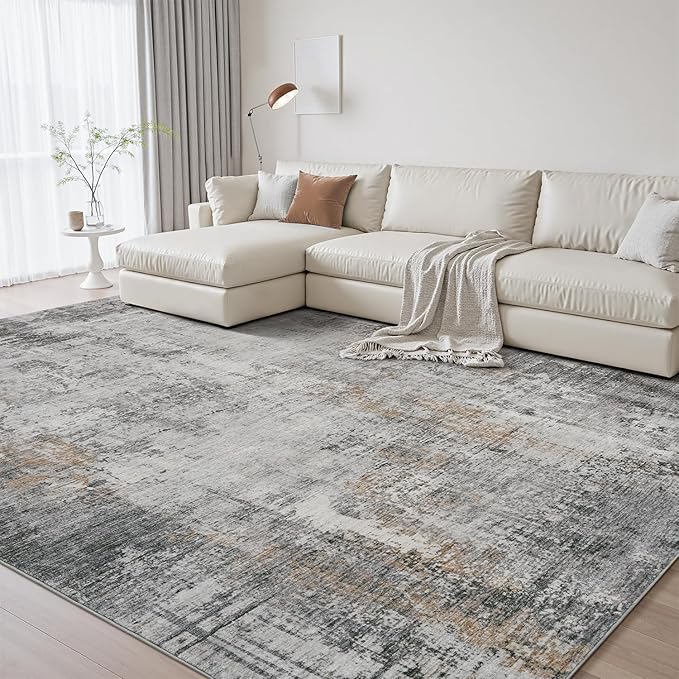 9 x 12 Area Rugs for Living Room, Machine Washable Non Slip Rug Ultra Soft Low Pile Indoor Carpet Modern Abstract Rugs for Bedroom Office Room Dining Room Beside, Grey