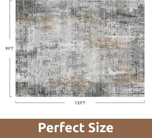 9 x 12 Area Rugs for Living Room, Machine Washable Non Slip Rug Ultra Soft Low Pile Indoor Carpet Modern Abstract Rugs for Bedroom Office Room Dining Room Beside, Grey